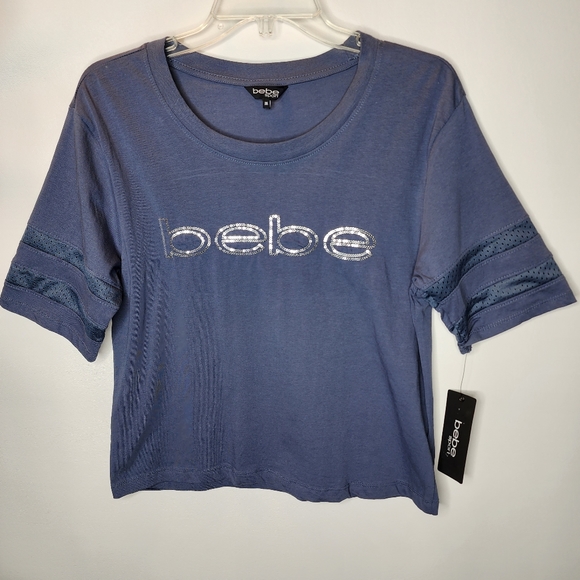 Bebe Sport Top Short Sleeve Blue Sequins Boxy Cut Women's Size Medium NWT - Picture 1 of 10